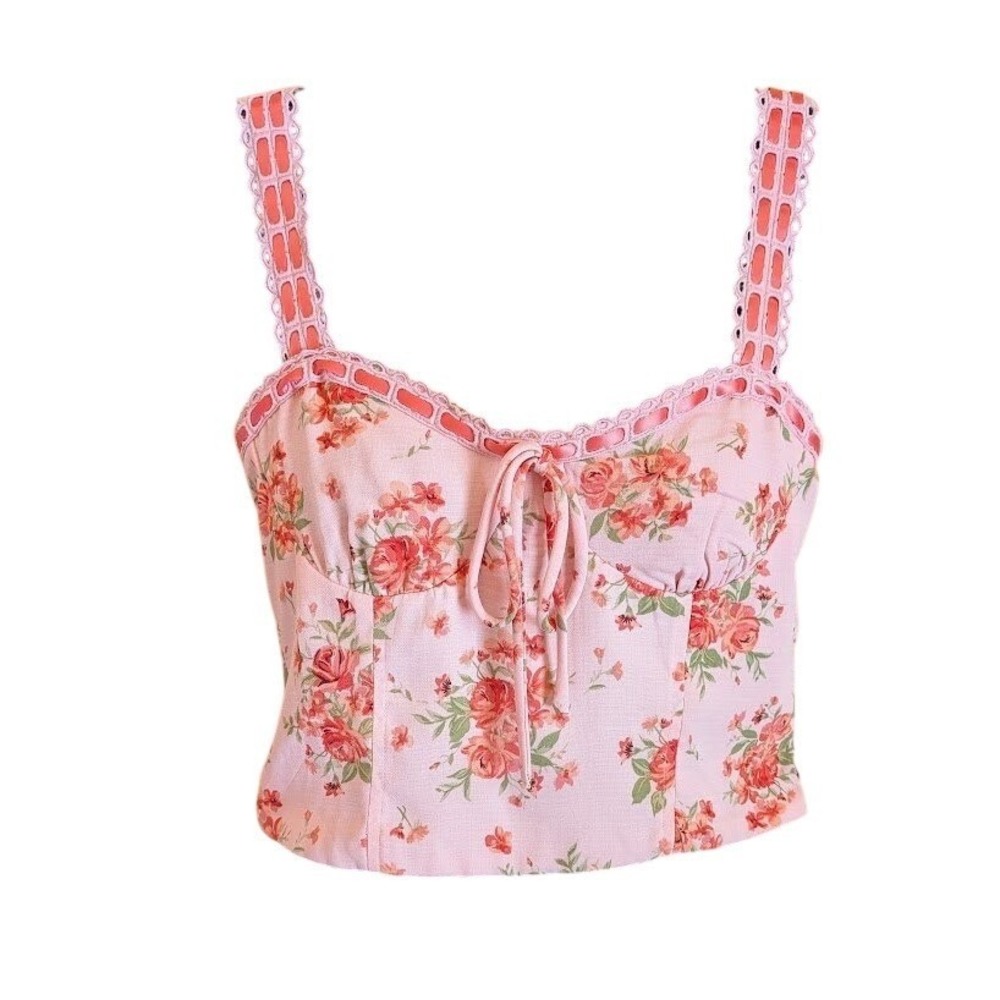 Thirty Thirty Corset Top Women L Cottagecore Coquette Floral Smocked Fairy Cute